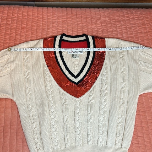 Vintage 80s Escada Wool Cable Knit Sweater with Red Sequin V Neck size 38 or M/L - Picture 8 of 16